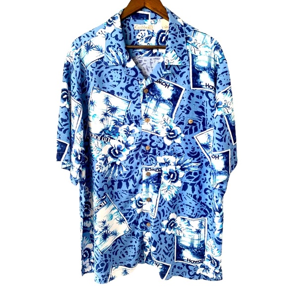 CARIBBEAN Men’s Hawaiian Shirt | Blue Floral / Postcard Print |‎ Size Large - Picture 1 of 3